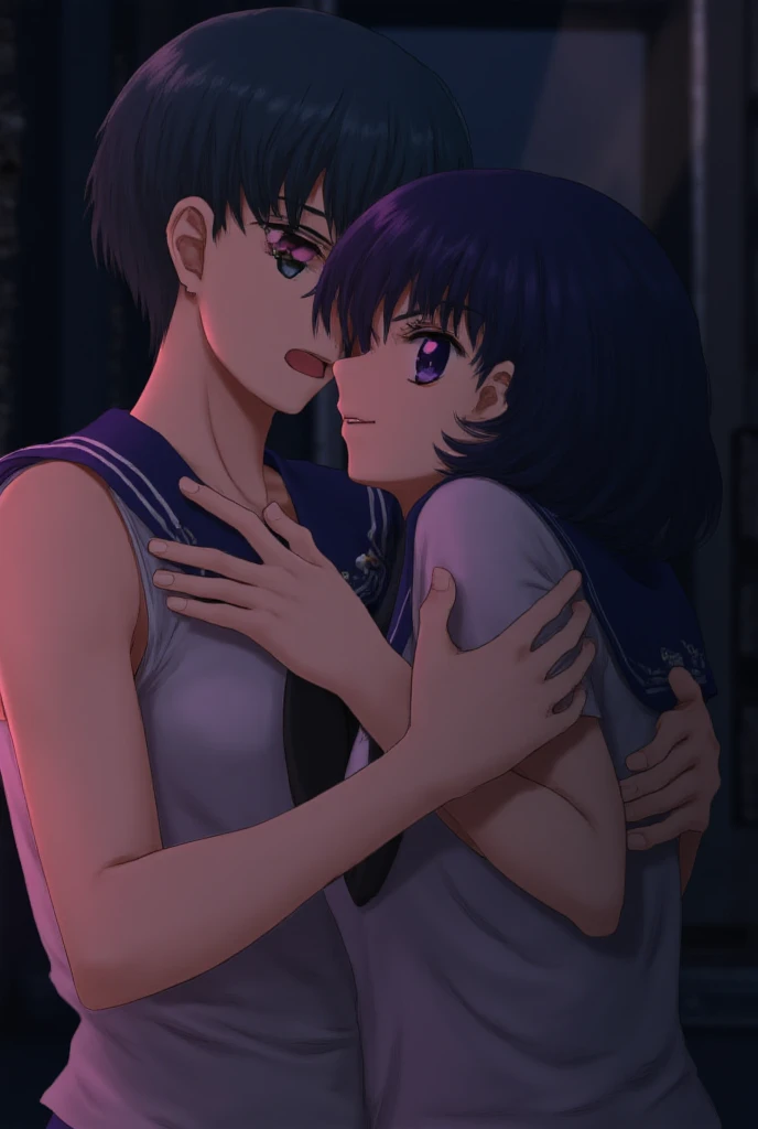 (photorealistic:1.4), professional photography, masterpiece, best quality, award winning photo, cinematic lighting, photon mapping, film grain, face focus, nsfw, dp, sailor mercury getting by two men, vaginal, , 1girl as sailor mercury, short blue hair, E ...