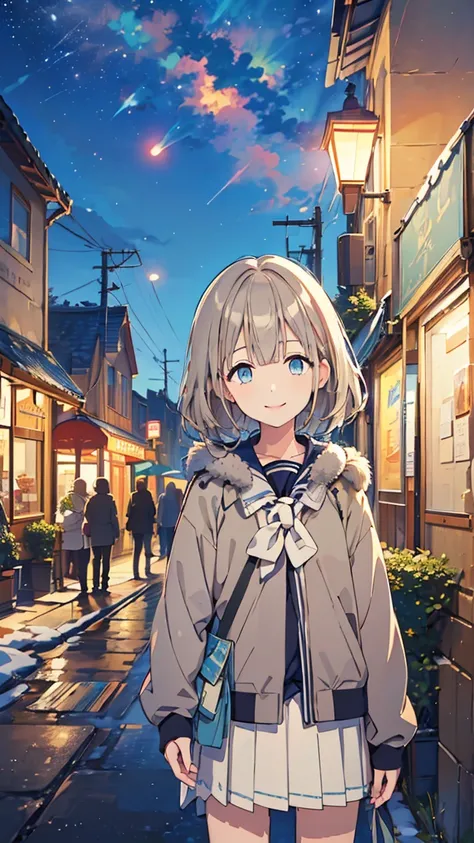 masterpiece,  top quality,  high definition ,  very detailed,(((Serizawa Asahi ))), (((night))), ((( standing))), (((Daytime))), (((Around town))), ((( starry sky ))), (((Stone Wall))), (((Street lamp))), (((Winter clothes))), (((smile)))