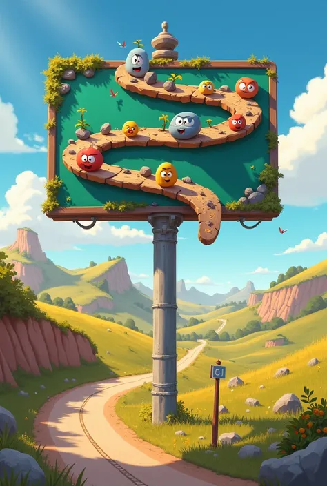 Create a highway sign , Disney Pixar style, with the writing:  Each stone in the path is part of the road that leads me forward