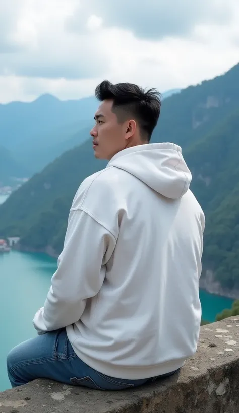  39-year-old handsome Asian man , slightly chubby , Semi undercut hair , sitting looking sideways at the edge of the abyss ,  wearing a white hoodie jacket against the backdrop of beautiful mountain and lake scenery,  professional photo, original photo, or...