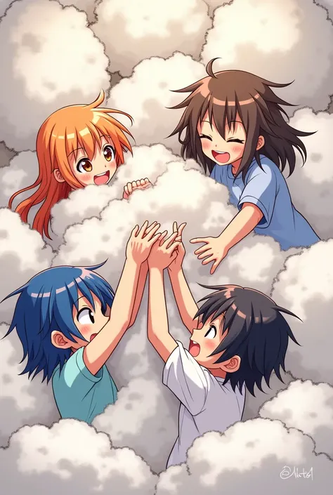 An anime-style comic depicting many girls and boys playfully wrestling with each other inside a cotton bed comical fight cloud.
each girl and boy has different  colored hair.
their faces,hands,and feet are visible emerging from the cloud as they tussle hum...