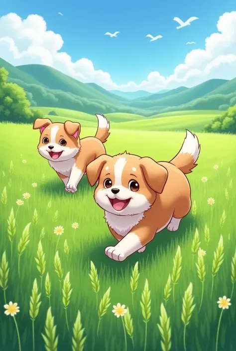 A cute dog waliking into paddyfield with his girlfriend 