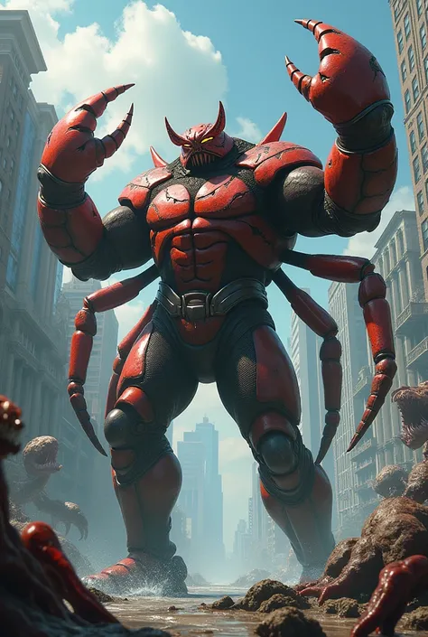 superhero:the crab man armor and he fights to defend the city from the attacks of deep-sea creatures in the form of his mutation into a monstrous humanoid 