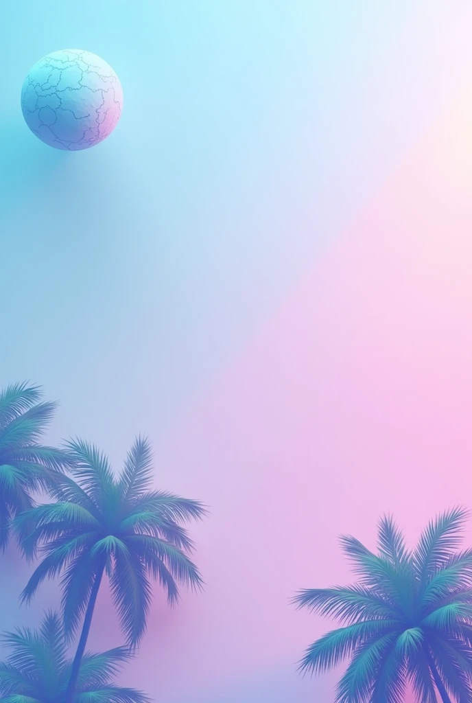 Generate a gradient background that transitions from blue at the top to pink at the bottom, at the left edge of the top corner of the foreground is a lines -world globe creating a futuristic and minimalistic aesthetic.add a paradise Palm trees at the botto...