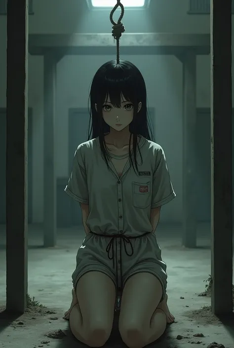 Japanese teenagers hands are tied up behind her back  as she is on her knees with prison clothes on her as she is on the gallow the hangrope around her neck 