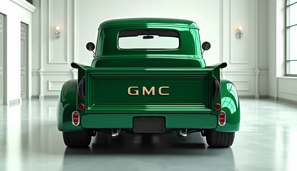 create an ultra-detailed 3D render of a modern, close-up full straight back view of 1954 GMC VINTAGE PICKUP TRUCK with a bold design. The car should feature a shiny green  color with a GMC logo on its straight back, and sleek taillights . The body should b...