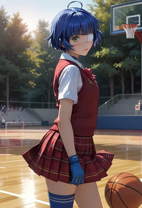 score_9, score_8_up, score_7_up, 1girl, solo, beautiful waifu, (ryomou shimei, ahoge, short hair, blue hair, medical eyepatch, green eye:1.2), detailed eye, detailed face, flirt, looking at viewer, (school uniform, sweater vest, white shirt, short sleeves,...