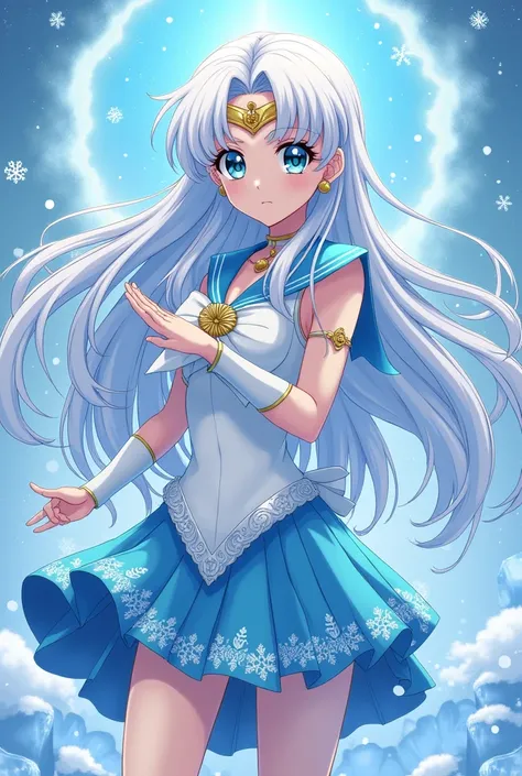 Create a 16-year-old anime girl with snow-white long hair and ice blue hair strands she is supposed to be a sailor warrior from the anime Sailor Moon she is said to be the warrior of the ice and has a golden headband as is typical of the Sailor Warriors