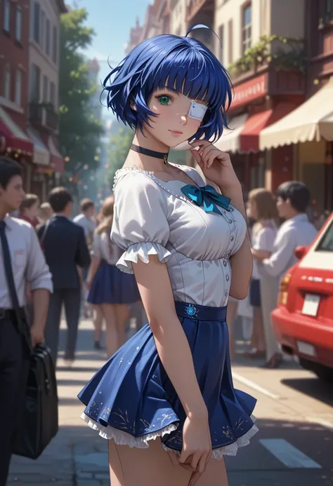 score_9, score_8_up, score_7_up, 1girl, solo, beautiful waifu, (ryomou shimei, ahoge, short hair, blue hair, medical eyepatch, green eye:1.2), detailed eye, detailed face, flirt, looking at viewer, (blue skirt, short skirt tight skirt:1.3), (white blouse, ...