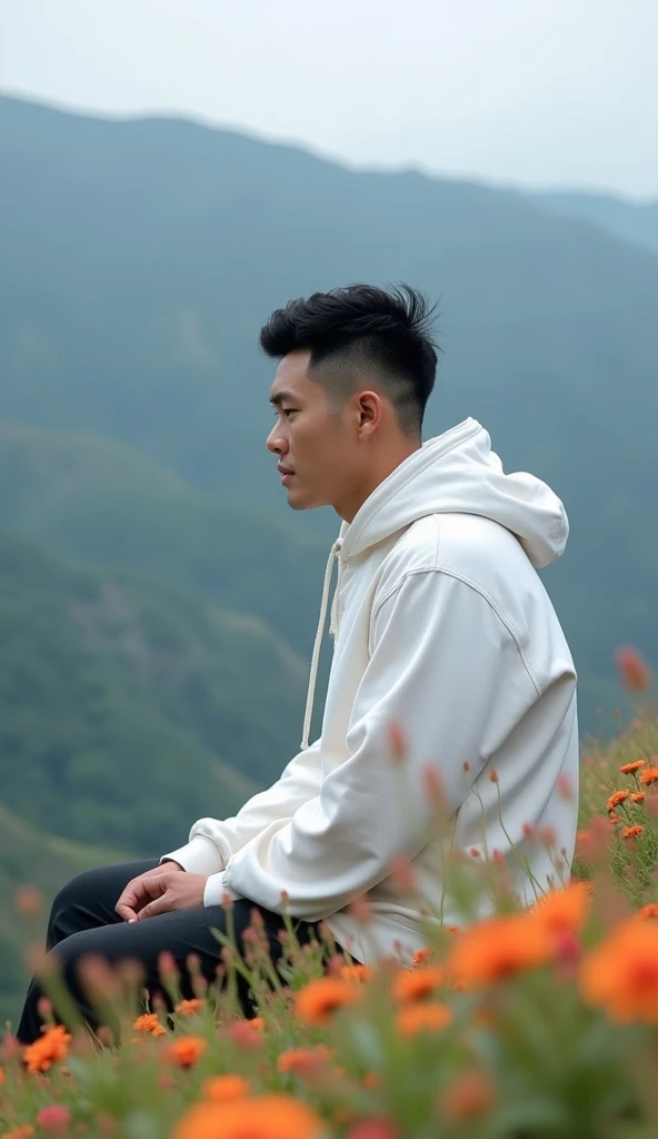  39-year-old handsome Asian man , slightly chubby , Semi undercut hair , sitting looking sideways at the edge of the abyss , wearing a white hoodie jacket against the background of a mountain landscape full of flowers,  professional photo, original photo, ...