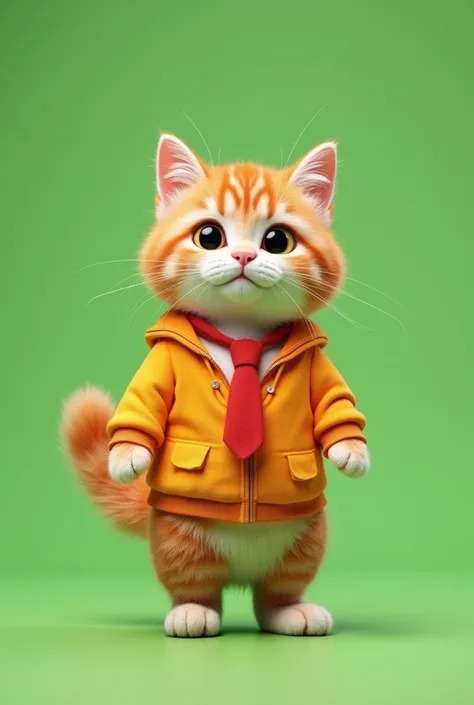 A cute cat little funny wearing a orange and yellow school uniform with a red tie is standing on a greenscreen background