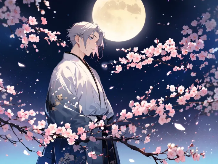 moon　star　Night Sky　cherry blossoms　cool man looking at the moonlight