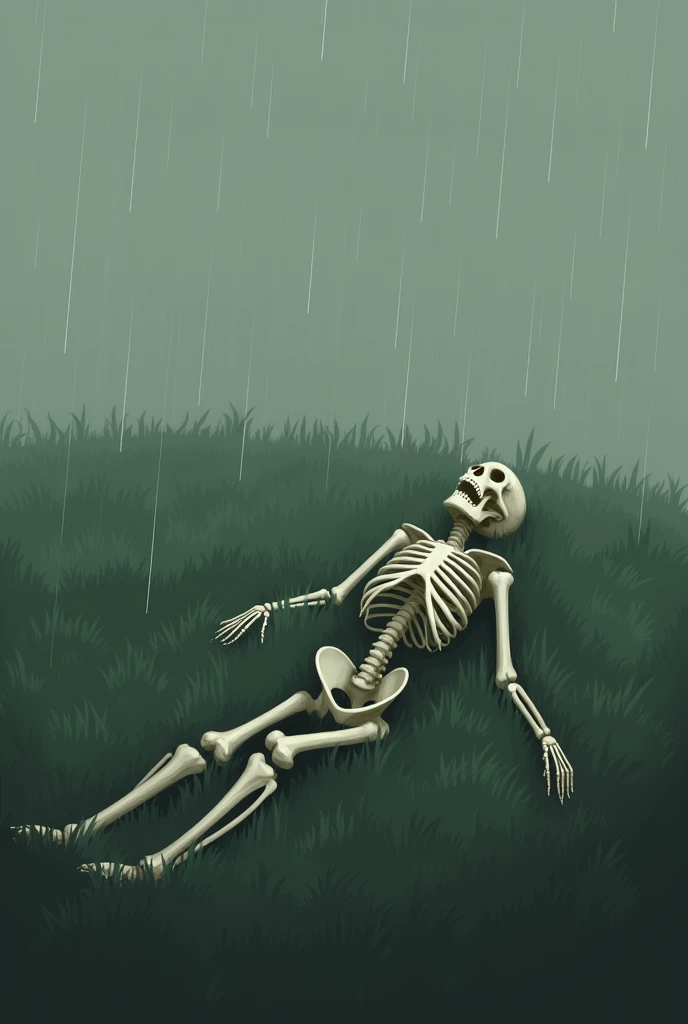 A skeleton falling in the grassy ground far alone . Rain drops slowly falling. 2D image