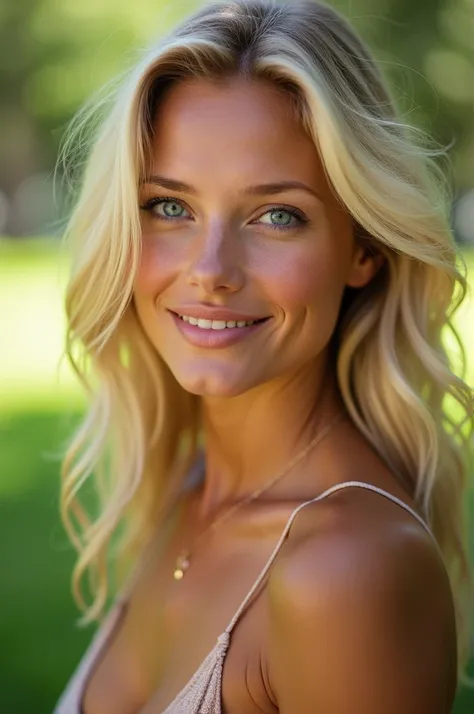 Beautiful blonde woman tanned in the park close up photo