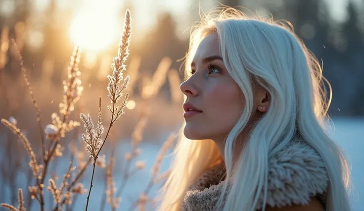   hyperrealistic  ,  Action scene,  in which a beautiful Russian girl   (22 years old,   very long white hair  )   takes a close look at the flora and fauna of a fantastic winter landscape. "  adds extremely precise details to plants , snowflakes ,  frosty...