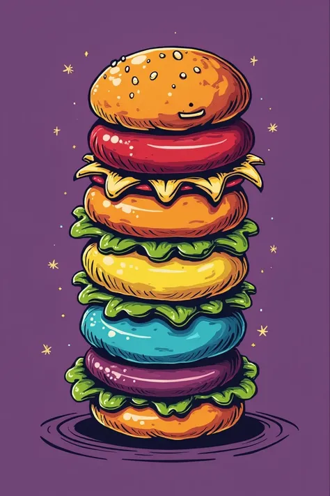 Create a logo for a business that sells burgers with different colours of burger buns. The name of the business is the stacked and sauced palace 