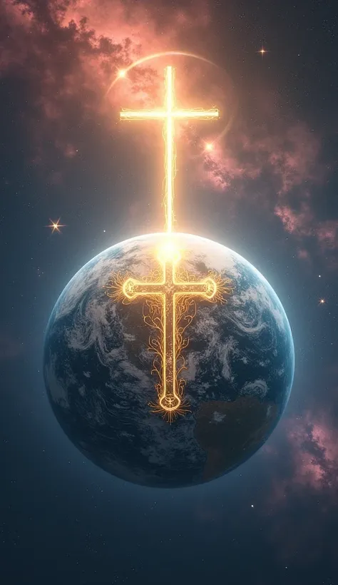 "Generate a breathtaking depiction of a planet representing Christianity. The planets surface should feature glowing golden crosses and intricate patterns of vines, symbolizing growth and eternal life. Use a primary color palette of soft blues and whites t...