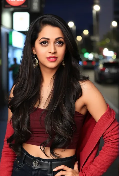 portrait, Tamil girl, beautiful face, (brief smile:0.6), thick black hair, belt, sports bra black jeans, round deep navel, detached sleeves, grey eyes, hip vent, open jacket, cute, look at viewer, night city, neon, rainy