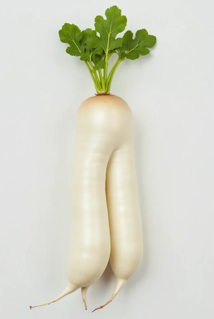  Two-legged daikon bifurcated daikon, Unique and unusual shape  , Bright and clear lighting,  Two-legged Daikon radish fork isolated on white background ,  realistic texture 
