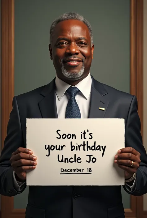  Donner moi une image du président de la RDC et qui tient une affiche sur laquelle on écrit "Soon its your birthday uncle JO" 18 Décembre 