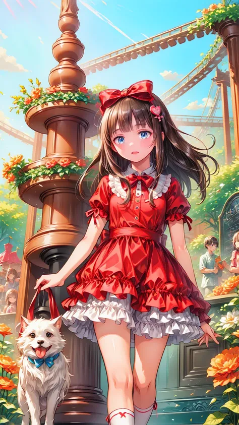  top quality,  Masterpiece  ,  realistic , photo realistic , 1people々of***, 一peopleで, smile,  black hair,  long hair,  standing, whole body, cyb  dress,  dress, pink  dress, layered  dress, frilled  dress, Short sleeve, Bloomers , white Bloomers , ribbon, ...