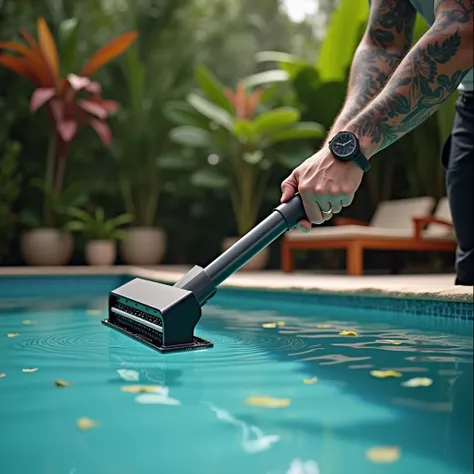 Avant bras tatoué dun pisciniste qui ramasse des feuilles mortes dans une jolie piscine avec une épuisette rectangulaire à manche télescopique. Le jardin doit etre tropical