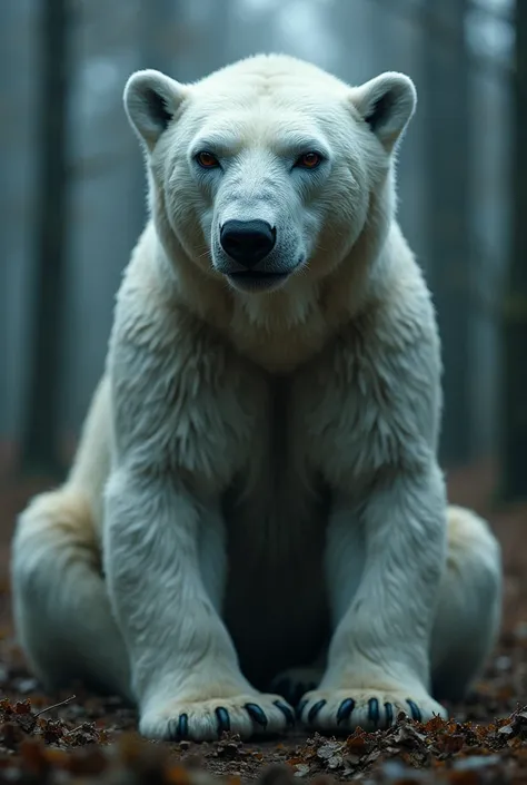  Description This is an Arctic polar bear and it is designed so ,  which is quite possible for such a technology like a neural network . The picture shows a polar bear ,  located in some forest area and he sits on his knees like a person without feet and h...