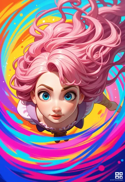 ((  masterpiece :1.2,  best quality)),  ultra detailed,  Ultra-accurate representation, Ultra-detailed representation, (tangled:1.2), ( dynamic pose ), (abstract background:1.5), long wavy hair, pink hair, 1 , colorful, portrait, (From above:1.2)