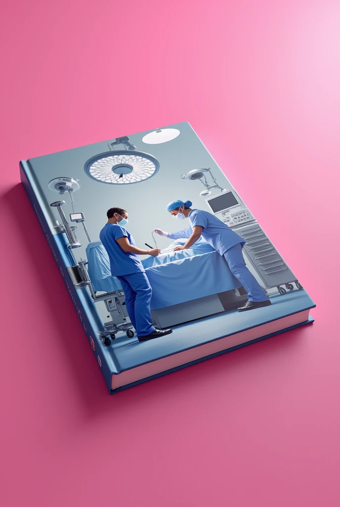 pink background book cover on operating room with nurse and surgeon wearing scrub suit on 3D