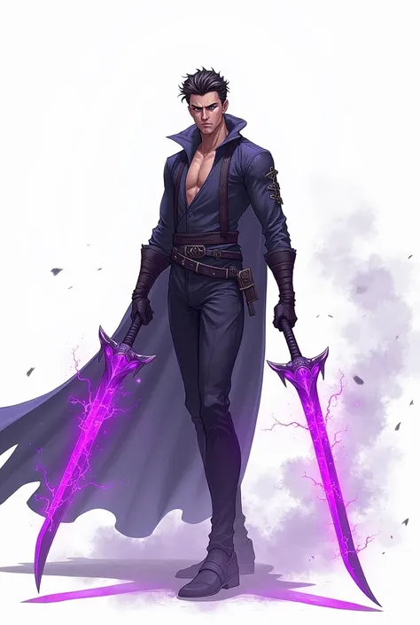 Please generate a man holding two swords with purple blades in an anime-style design with a white background.