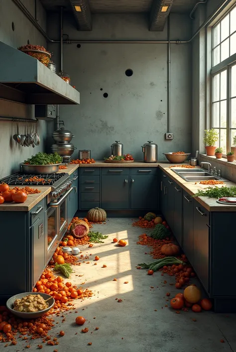 Create realistic image of industrial kitchen with holes in the wall and leftover food