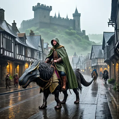 A medieval street, a traveler riding a huge animal walks in the rain, wet. His animal is a combination of dinosaur and lion and a dragon and he has wings, a medieval city can be seen in the distance behind him, the landscape is misty with rain, he is dress...