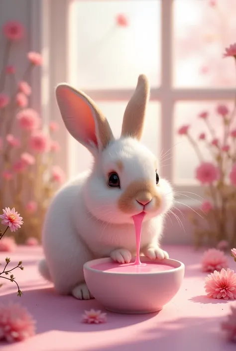 A rabbit drinks a pink milk 
