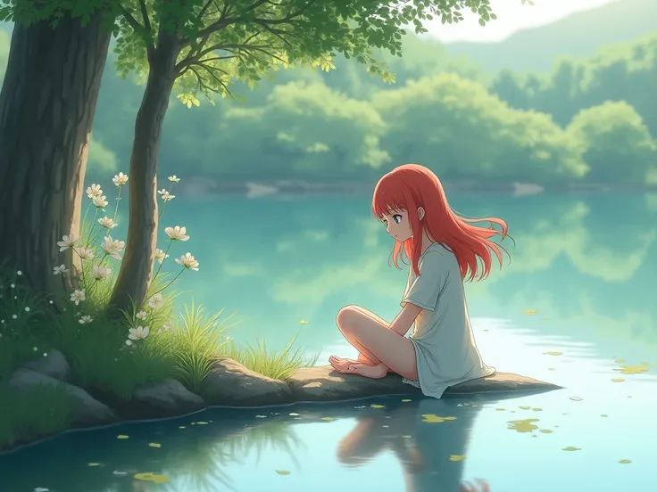  anime style,  one girl、Calm down、Red Hair、lake