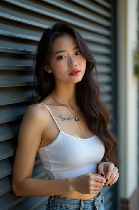 4K professional photos A Half Thai, half Korean young woman,Cute white skin, big breasts with Long hair  and red lipstick is seen from the mid-thigh up. She is positioned slightly to the left of center, leaning against a dark-gray slatted fence.  She is we...