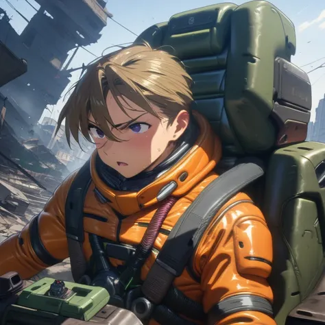   Masterpiece  , top quality, super detailed,   Gundam Wing cockpit holding the joystick, girl, hold the joystick,Seat belts, pilot suit in the ruins of the city, Shiny Eye /Upper Body,Sky background 、Around the clock