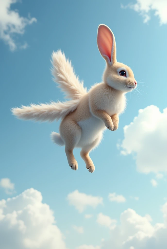 A rabbit have a flank and is flying on the sky 

