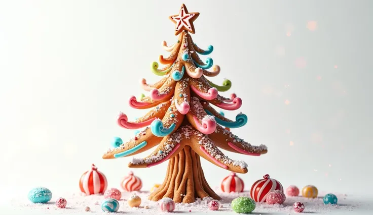 "A highly detailed gingerbread tree decorated with colorful icing, candy ornaments, and sugar crystals, set against a clean white background, showcasing a festive holiday atmosphere."

