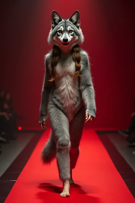  A beautiful  ,  brown eyes ,realistic, wearing a wolf costume , parading on a red runway barefoot 