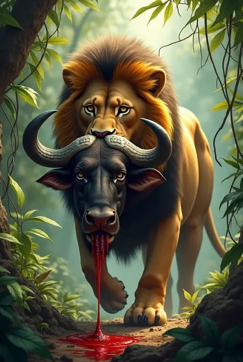 Lion with the head of a buffalo in his mouth with lots of blood and a jungle in the background of the image