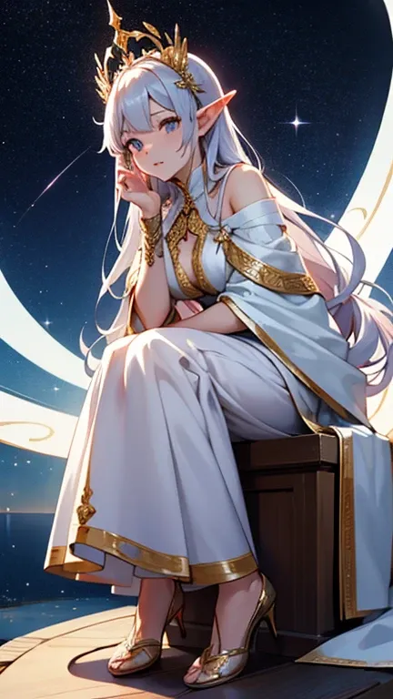 8k⒉5D Anime Style, depicts a mysterious beautiful girl with long flowing hair and pointed ears, sitting gracefully on the crescent moon. Surrounds her with a sky full of sparkling stars and swirling nebula. It features elaborate patterns and ornamental pre...