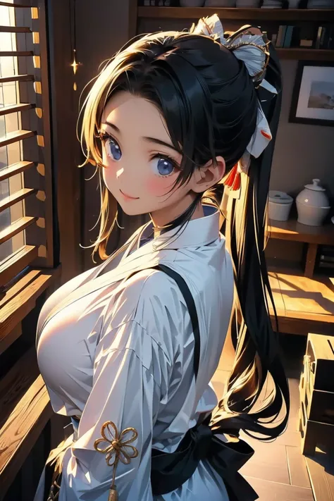  greatest masterpiece、 top quality、 realistic 、(  intricate details 、 depth of writing)、 hyperrealism, 8k,  perfect face,  perfect body, Big Breasts, narrow, Very big ass,  attractive, indirect lighting,  black hair、 high ponytail 、 pretty woman smiling at...