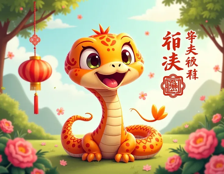 a cute cartoon cobra , background spring weather ,lantern and  GONG XI FA CAI has some chinese knotting pattern , 