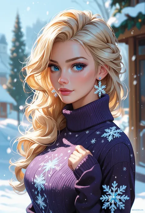 Australian woman and she looks like Elsa. She is wearing a dark purple jumper and she has light golden blonde hair and blue eyes. She has two white snowflake stud earrings.