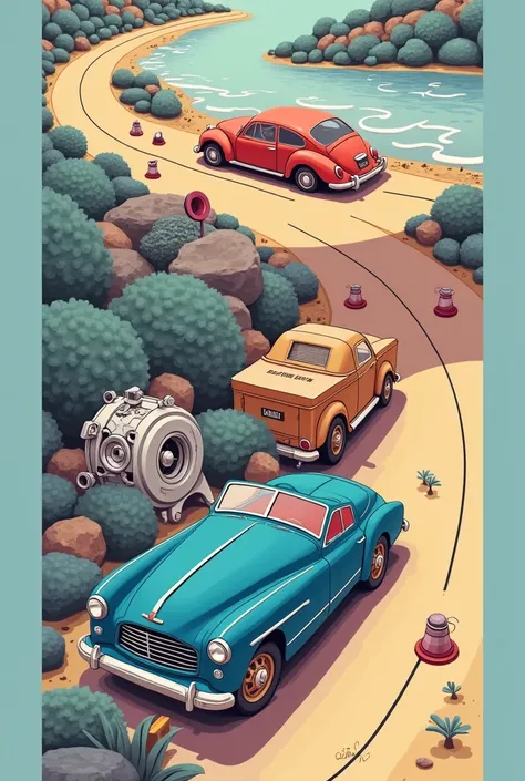 Create a cute beige pastel A4 page for a s car part book   with car parts such as an alternator, tires,    Carburettor, intercooler scattered on the    page    and a car on a road with an open space on top of the page being left blank 