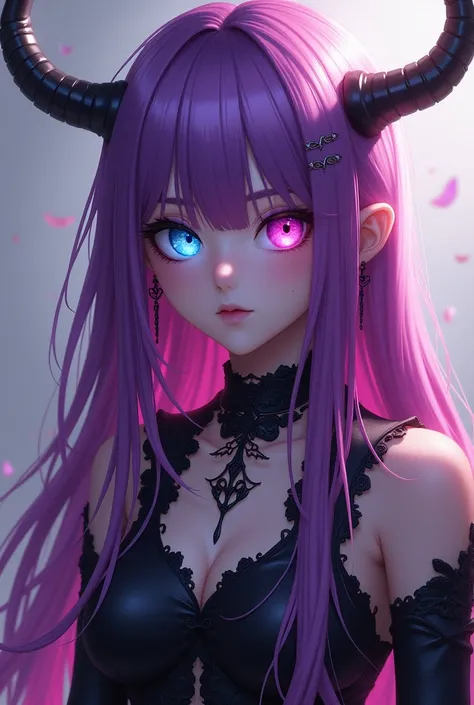 Hairstyle: long, straight
Hair color: purple, pink mesh
Eyes: Odd eyes, left → light blue, right → pink
Accessories: Necklace and earrings are OK with or without.
Clothes: leave it to me
Clothing color: black, gray, purple