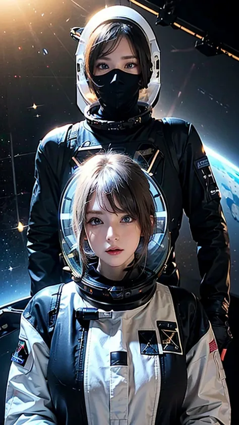 woman ,Golden white hair, blue eyes,,,((Black space suit:1.4)),((Upper Body))