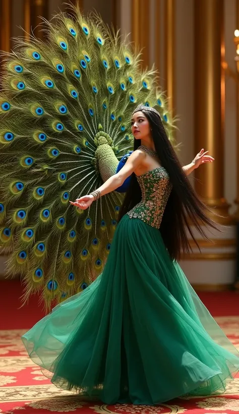 In an opulent royal setting, a woman with long, sleek black hair, adorned with a jeweled headpiece, dances in sync with a dazzling peacock. The peacock’s resplendent tail fans out behind it, displaying an array of vivid blues, greens, and golds that mirror...