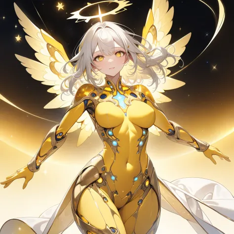 (((golden sky background))), golden stars , bright yellow galaxy , (((( perfect anatomy ,  very detailed skin )))), moderately large breasts:1, Cute 20 year old female ,  sexy expression,  beautiful hair ,  beautiful face ,  beautiful detailed eyes,  beaut...