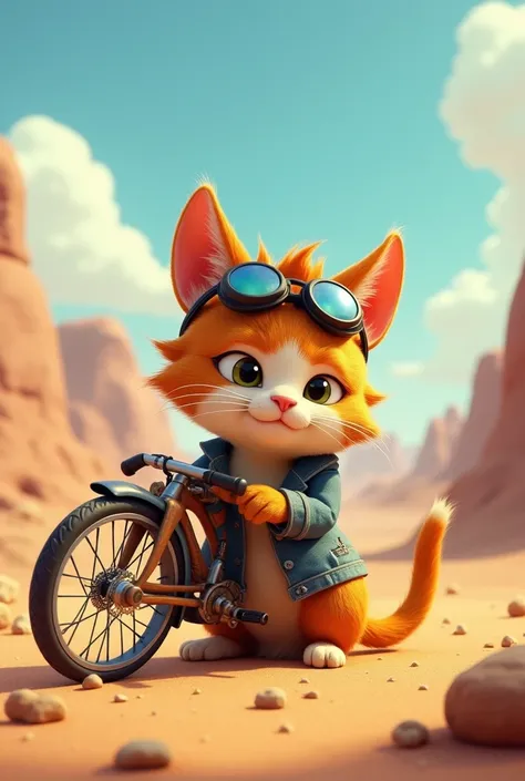 A very cute cat  well dressed who is fixing his bike has broken down in a desert3d animation cartoon 